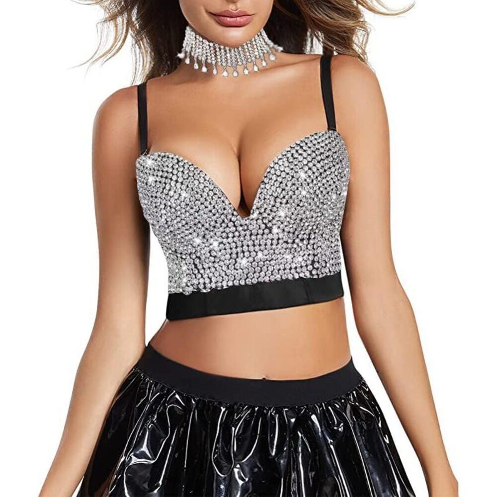 4792 Bustier Crop Top Mesh Corset Top Rhinestone Diamond Bra Club Party